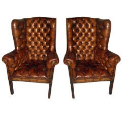 Antique Pair Of Tufted Leather Wingback Chairs