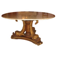 Carved Wood Dolphin Base Dining Table With Marble Top