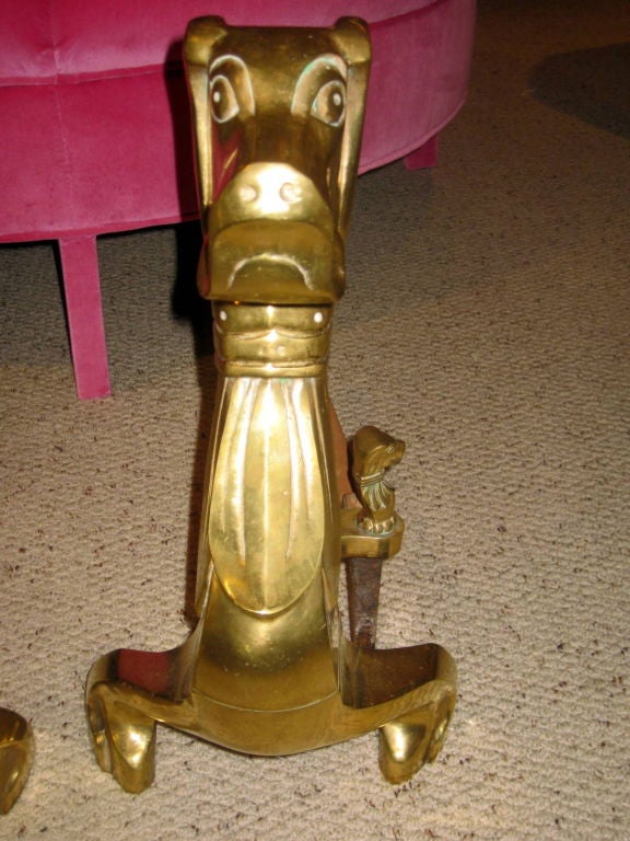 Art Deco Solid Brass Hound Andirons In Good Condition In Stamford, CT