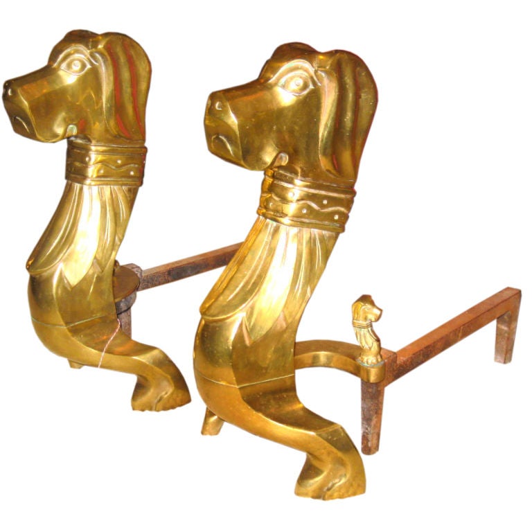 Art Deco Solid Brass Hound Andirons