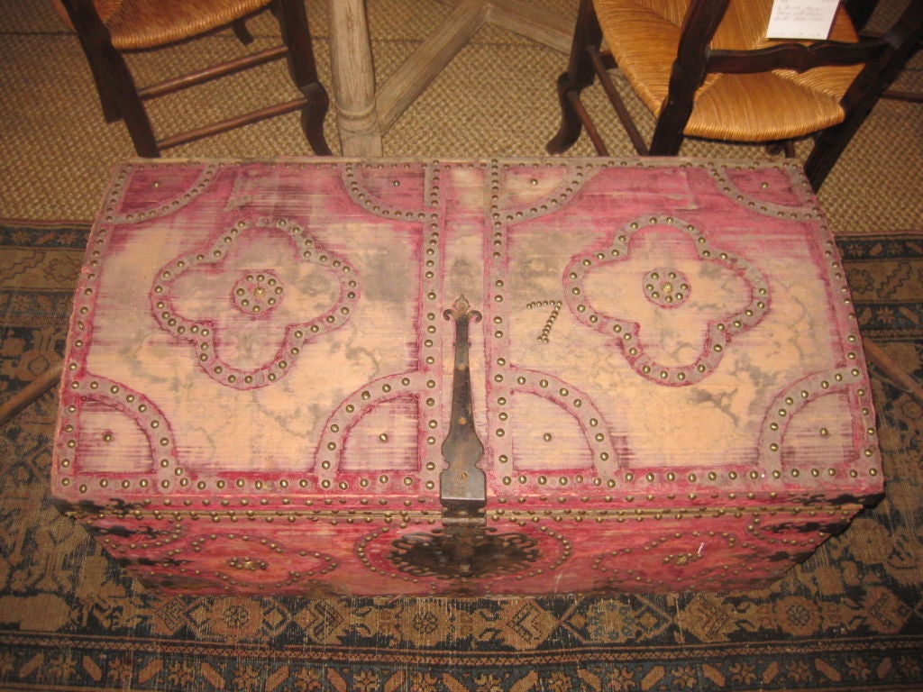 Wood Gorgeous Distressed 18th C Spanish velvet Trunk For Sale