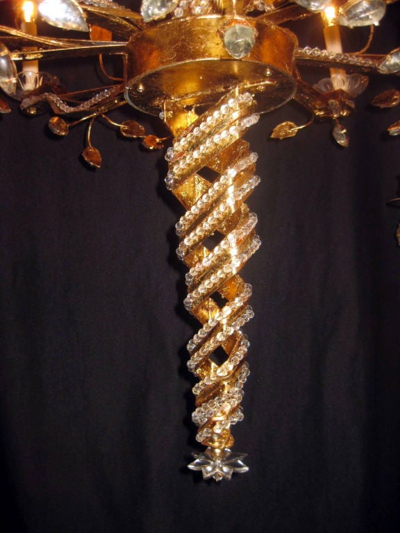 French Gilt Metal Bagues Eight Light Chandelier With Beaded Crystals For Sale