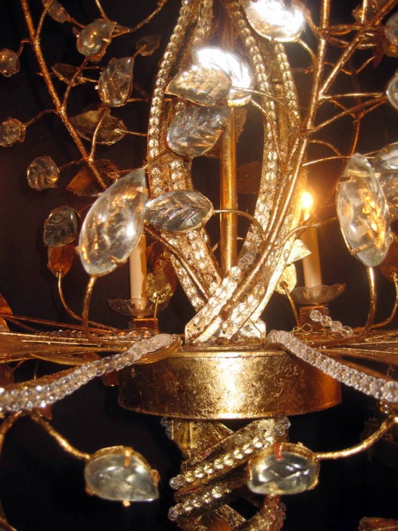 Gilt Metal Bagues Eight Light Chandelier With Beaded Crystals In Good Condition For Sale In Stamford, CT