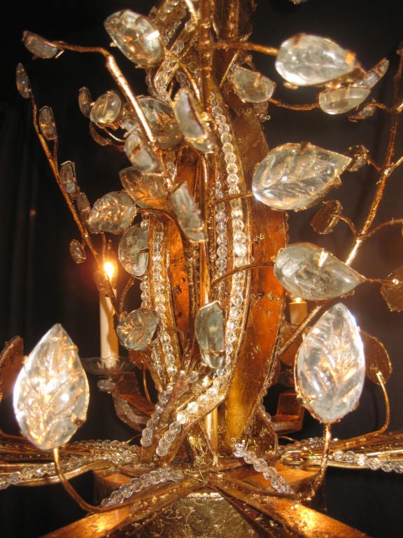 20th Century Gilt Metal Bagues Eight Light Chandelier With Beaded Crystals For Sale