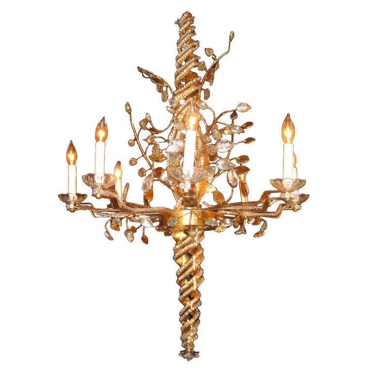 Gilt Metal Bagues Eight Light Chandelier With Beaded Crystals For Sale
