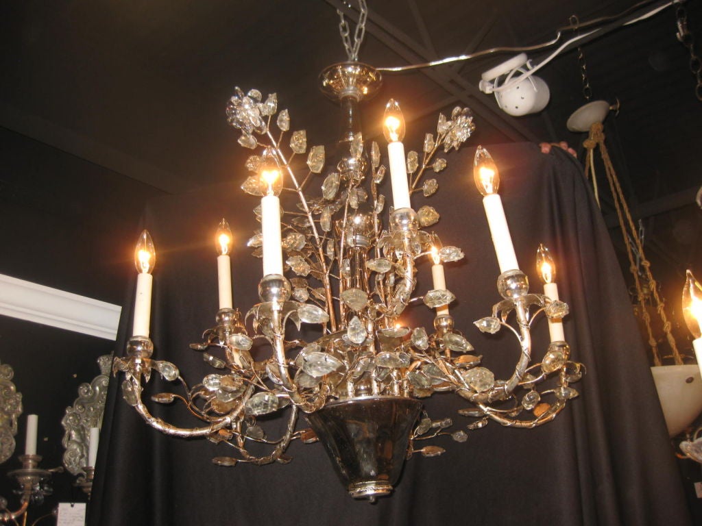 Pair Of Silver Leaf French Bagues 9 Light Chandeliers