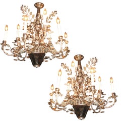 Pair Of Silver Leaf French Bagues 9 Light Chandeliers