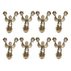 Antique Set Of 8 Silver Plated Sconces With Cherubs