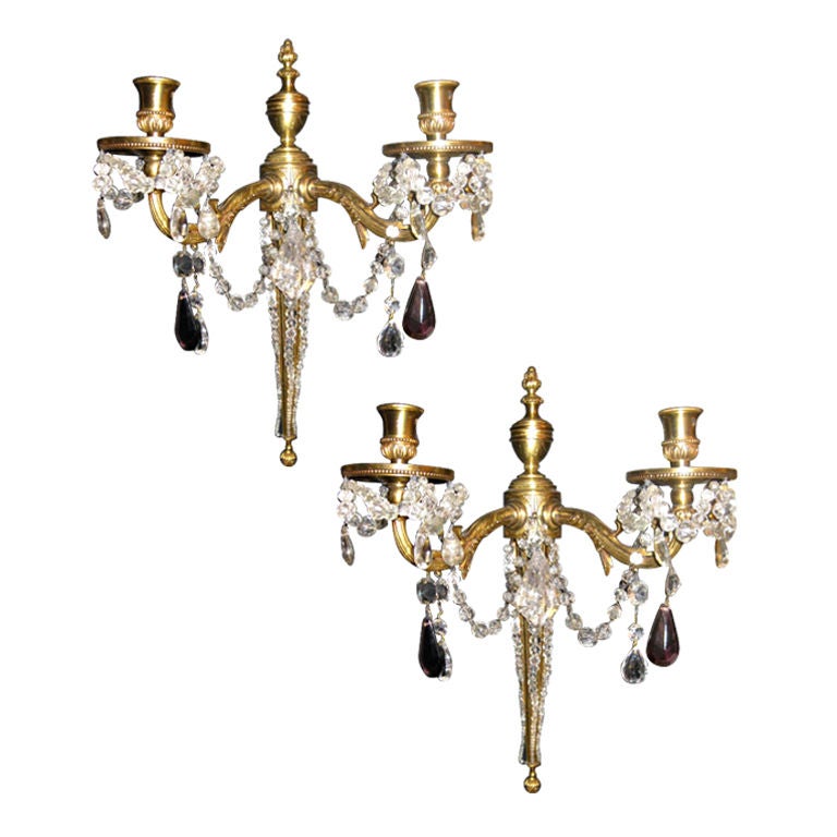 Set Of Eight Gilt Bronze Sconces With Rock Crystal And Amethyst For Sale