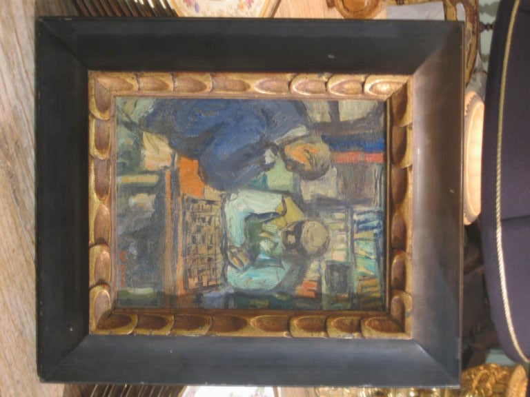 Oil on board painting of chess players by the well listed artist benjamin Kopman