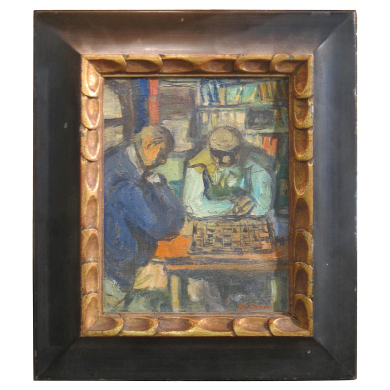 Oil On Board Painting Of Chess Players By Benjamin Kopman For Sale at