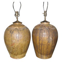 Pair Of 19th C Storage Jars made Into Lamps