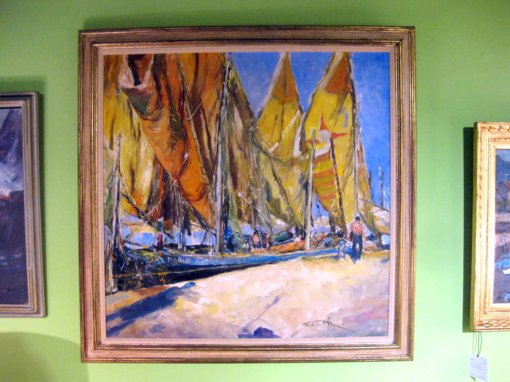 Oil on canvas painting of a harbor scene Signed lower right.