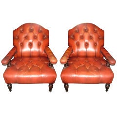 Pair Of Red Leather Edwardian Library Chairs