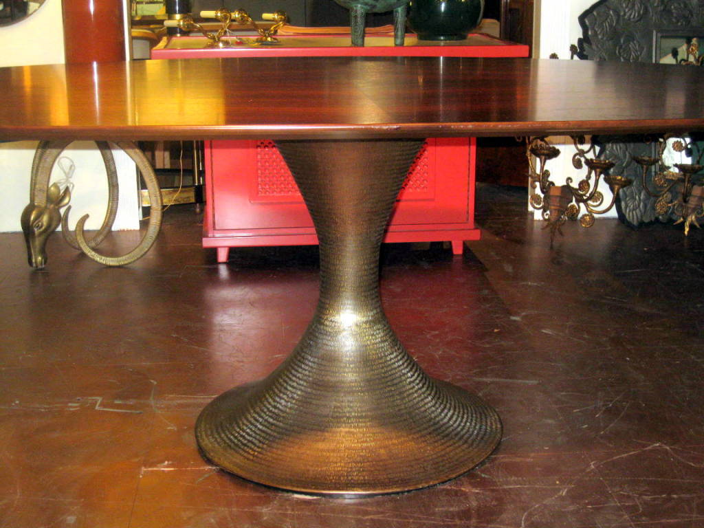 Fabulous Oval Rosewood Dining Table With Hammered Metal Base In Good Condition In Stamford, CT
