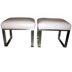 Pair Of Milo Baughman Style Benches In White Faux Leather