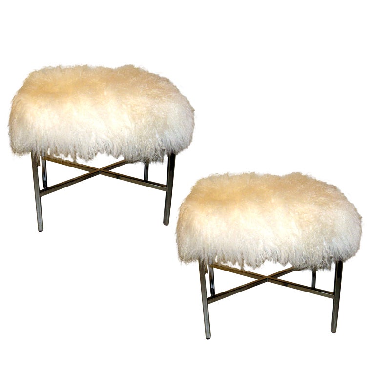 Pair Of X Based Chrome Benches With Mongolian Lambswool