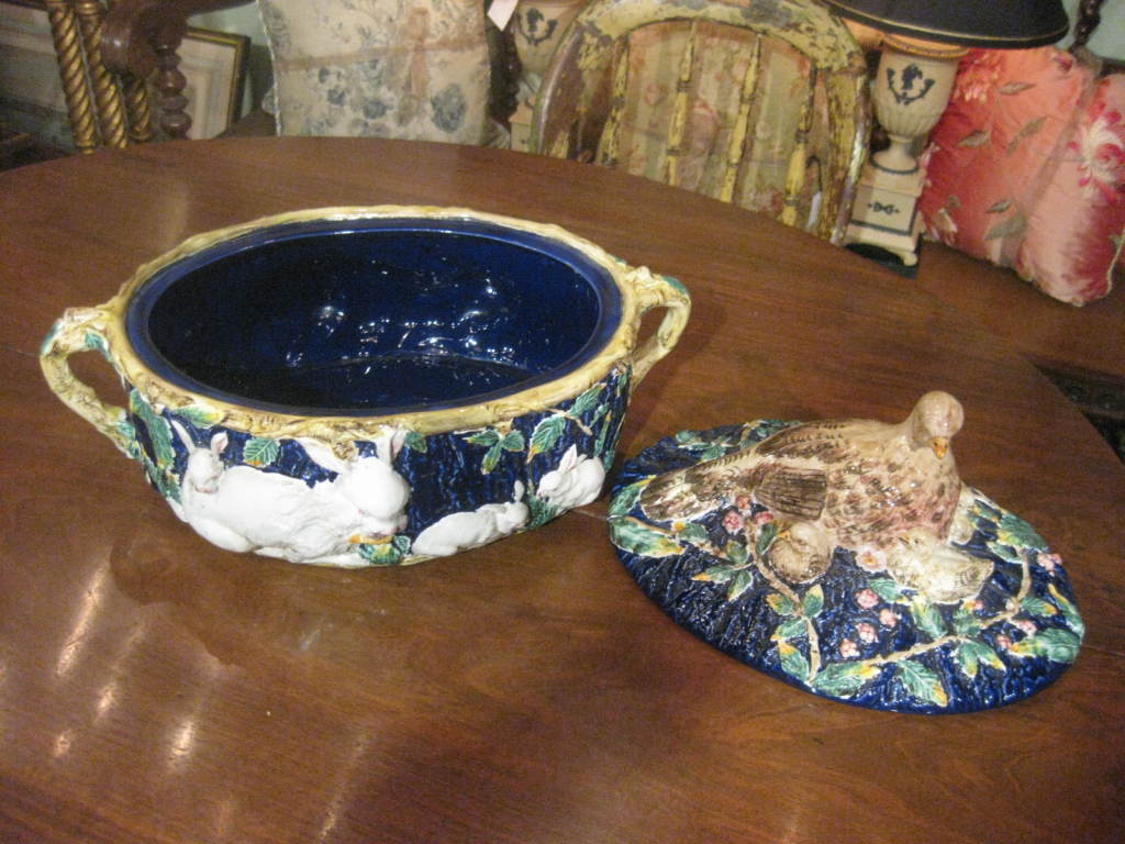 Majolica tureen with rabbits and birds