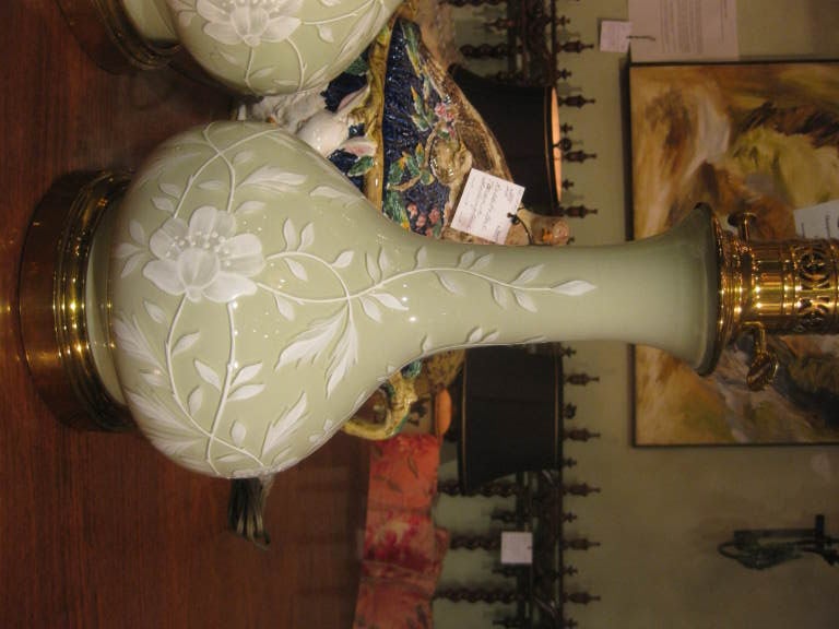 Pair Of Celadon Glass Lamps With Hand Painted Floral Design