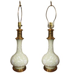 Pair Of Celadon Glass Lamps With Hand Painted Floral Design 7