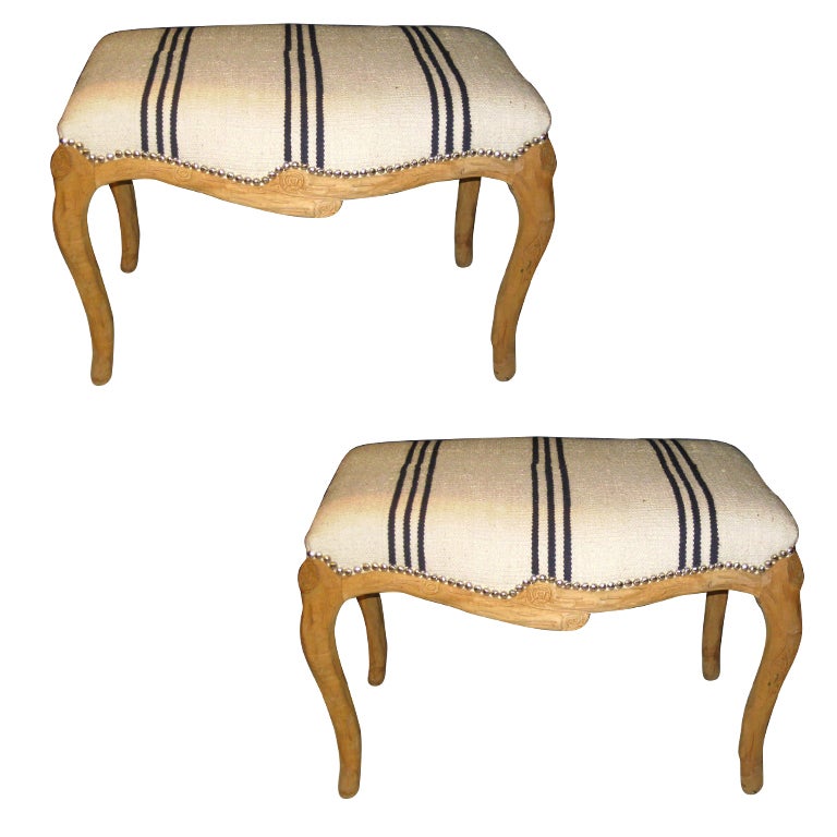 Pair Of Faux Bois Benches With Grain Sack Upholstery For Sale