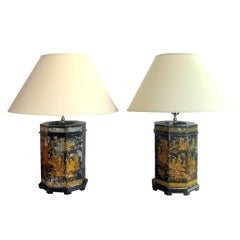Pair Of 19th c Tea Tins Made Into Lamps