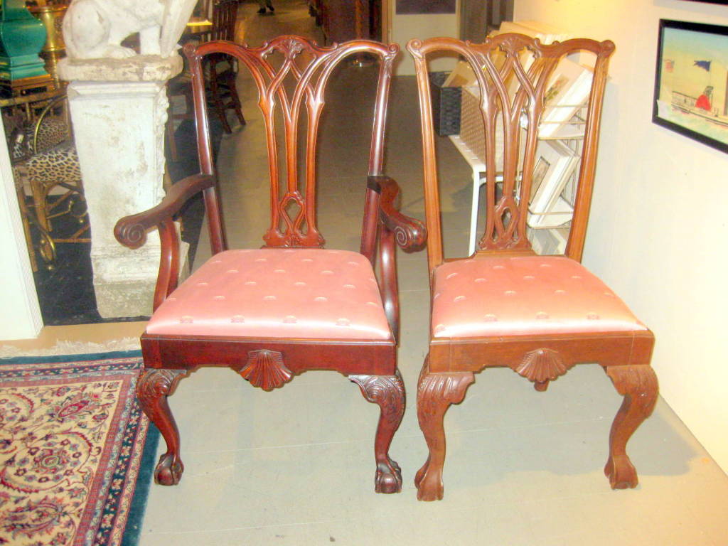 Set of ten mahogany dining chairs. 2 armchairs and 8 side chairs.