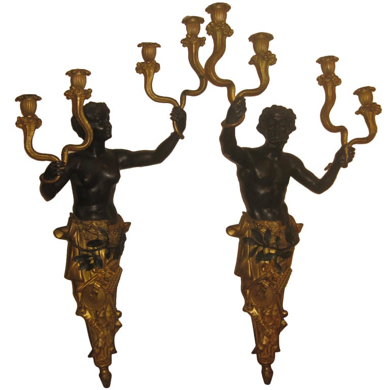 Large Scale Pair Of Palace Figural Bronze Sconces For Sale