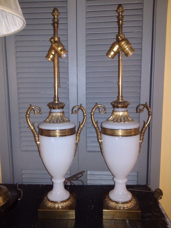 Pair Of French Opaline Glass Lamps With Gilt Bronze Fittings