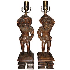 Pair Of Antique Carved Wood Figures Made Into Lamps