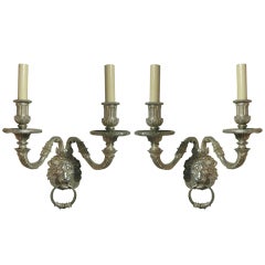 Pair of Silver Plated Caldwell Sconces with Lions' Heads