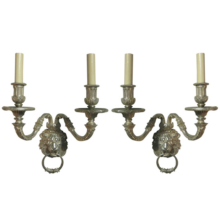 Pair of Silver Plated Caldwell Sconces with Lions' Heads For Sale