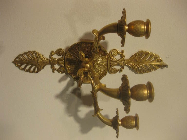Pair Of French Empire Style 3 Arm Sconces With Swans Heads