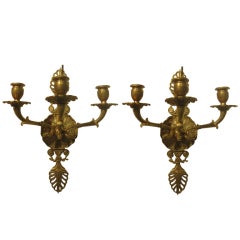 Pair Of French Empire Style 3 Arm Sconces With Swans Heads
