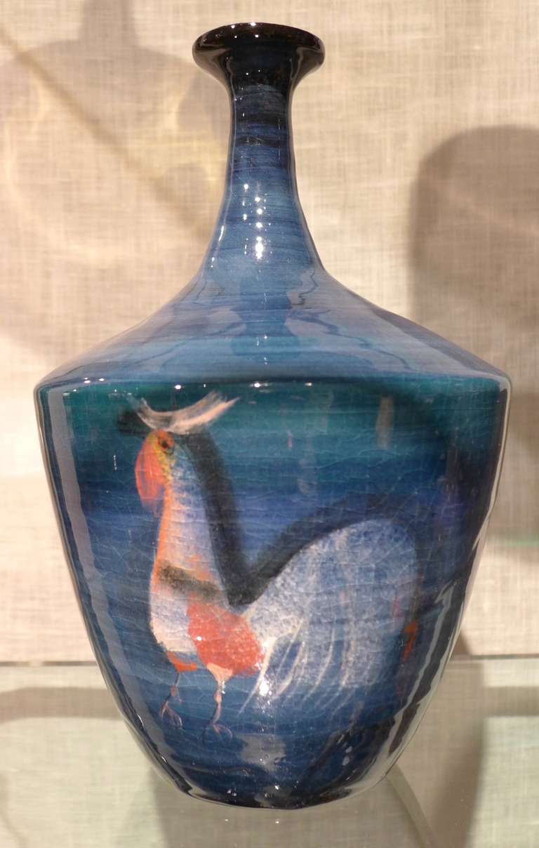 Mid-Century Modern Polia Pillin Bottle with Three Roosters