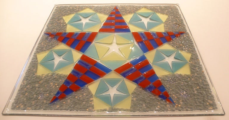 One-of-a-kind fused glass plaque with five-pointed stars by Chicago-based glass artist Michael Higgins. Commissioned in 1998, the year before Higgins died, this represents one of his last studio works. The original owner purchased this work, along