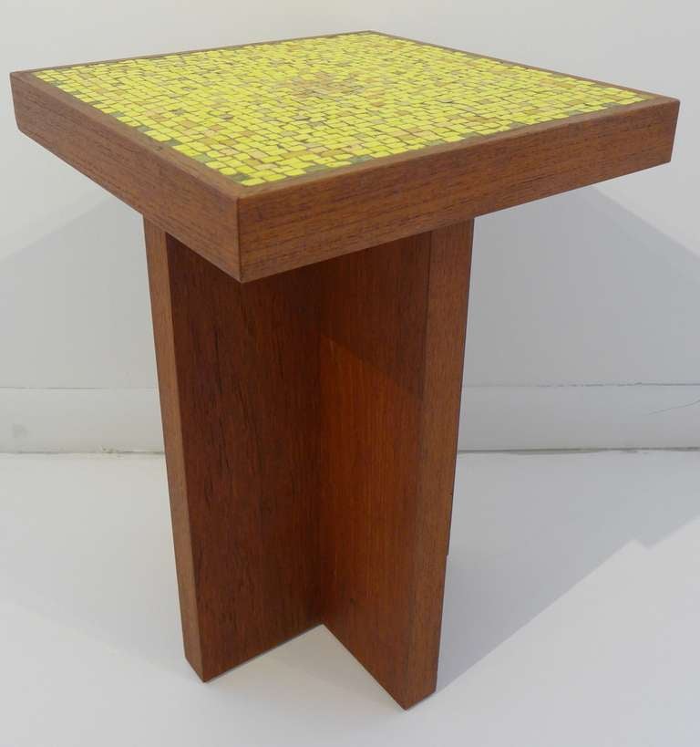 Cruciform accent table with a square mosaic top of yellow and gold Venetian glass tiles, designed by Vladimir Kagan and produced by Kagan-Dreyfuss c. 1958. A rare piece purchased directly from Kagan by the previous owner, a Pratt graduate who