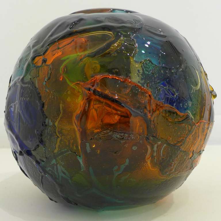 Glass vase comprised of multiple layers of colored glass built over a clear spherical matrix. Designed by Gae Aulenti and made by Venini in 1996. An early example from the Geacolor series. Etched signature and date.