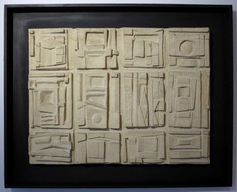 Large abstract relief in original shadowbox frame, of sculpted architect's foam and textured paint, executed c. 1955.  Probably a maquette for a sand-cast cement wall, in the manner of Constantine Nivola.  Etched signature, 