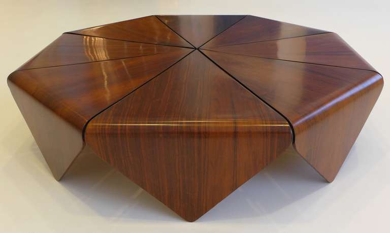 Low cocktail table by Polish-born Brazilian architect and designer Jorge Zalzupin, consisting of eight bent plywood 