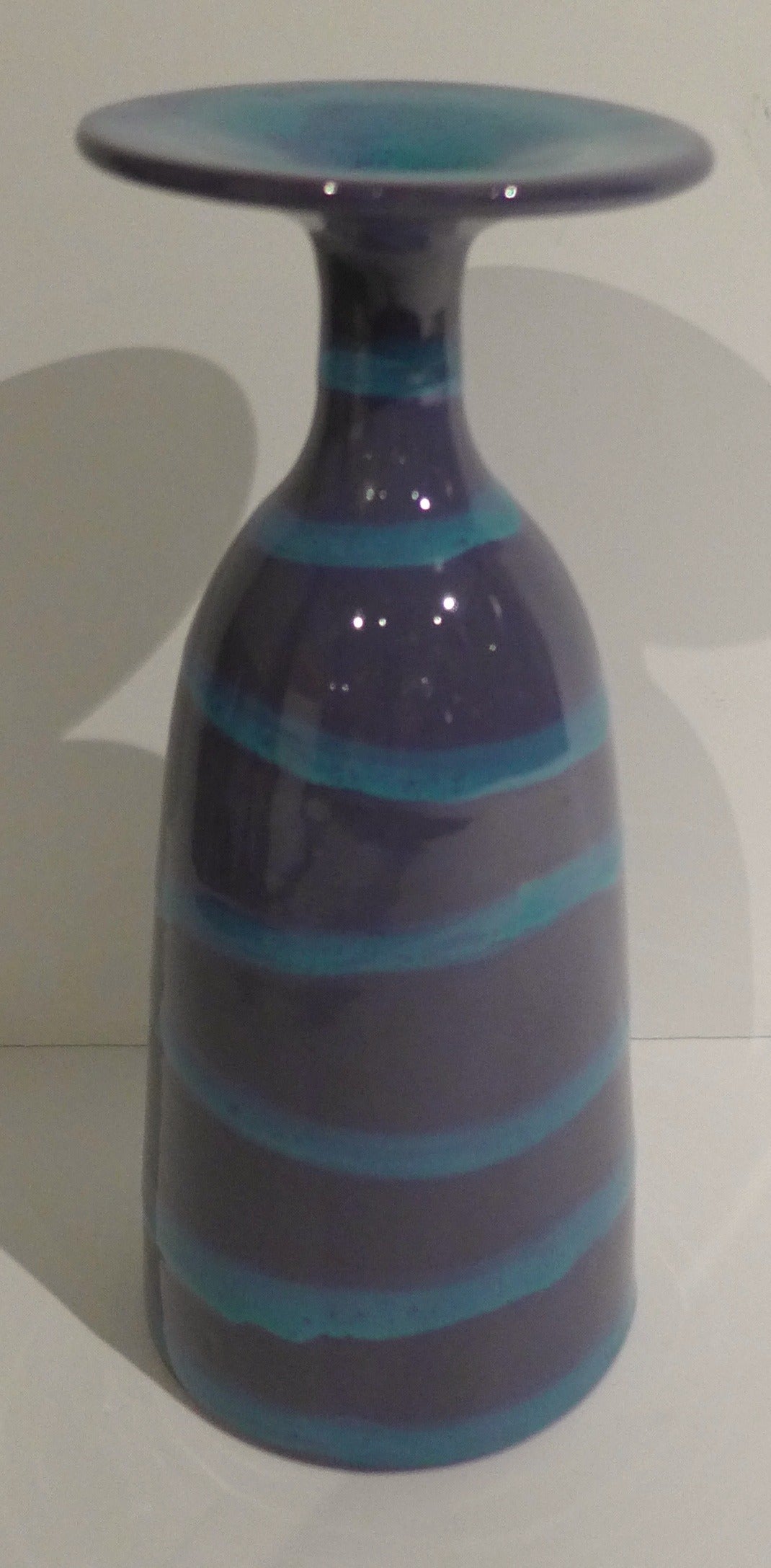 Venetian mid-century earthenware vase with flowing horizontal stripes and a widely flaring rim.  Presumably, or presumptively, by Otello Rosa, the in-house designer at San Polo. Fully marked underneath.  In mint condition.