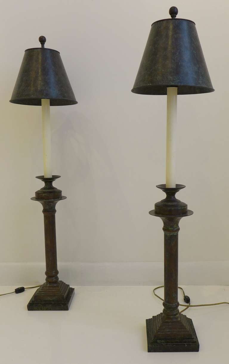 Pair of neoclassical, candelabra-form lamps in tesselated and enameled metal with marble bases.  Hand made in the Philippines for the Maitland-Smith company, c. 1980's.