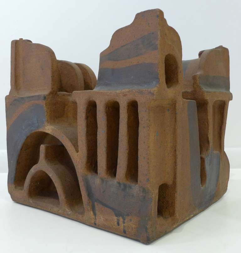 Hand-built, brutalist table base of glazed and unglazed stoneware by New England sculptor George Greenamyer. Commissioned by Vladimir Kagan and produced in small numbers in the early 1970s. The rugged, architecturally sculptural form is reminiscent