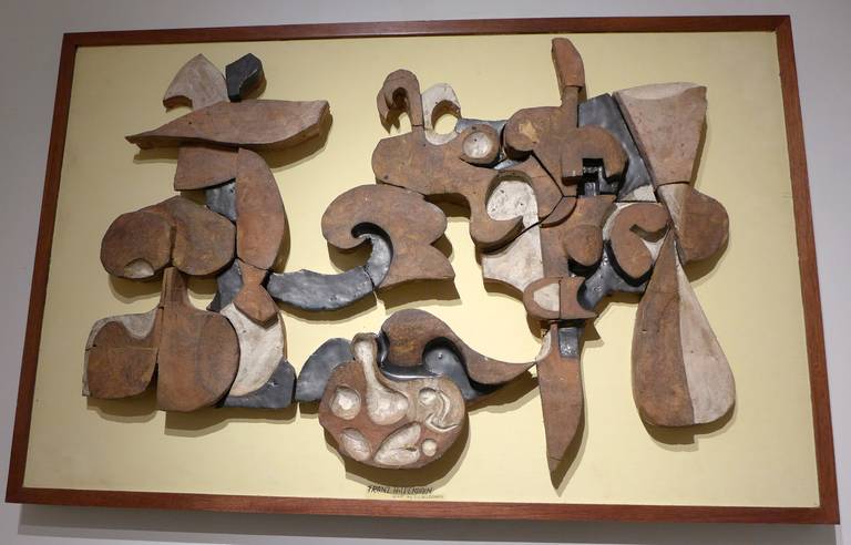 Abstract ceramic mural by Bauhaus-trained potter and sculptor Frans Wildenhain (1905-1980). A student of Moholy-Nagy, Paul Klee, and Gerhard Marcks, and the husband of ceramist Marguerite Wildenhain, Frans arrived in America in 1947, and after a