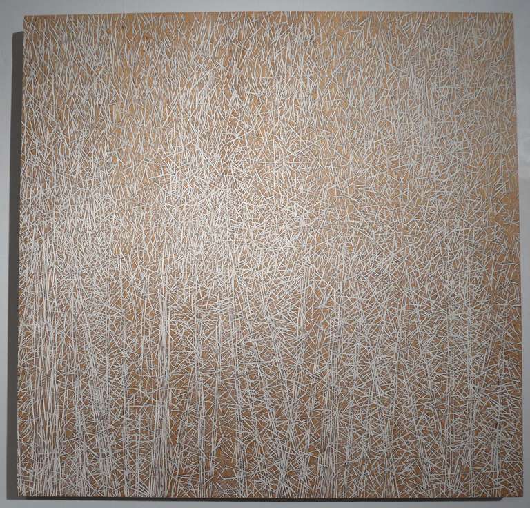 Etched and painted wood panel by Japanese/American artist Nori Morimoto, signed and dated 1995. The densely etched panel presents itself as an abstract yet naturalistic field of intersecting white lines.  Morimoto (b. 1931) worked as a graphic