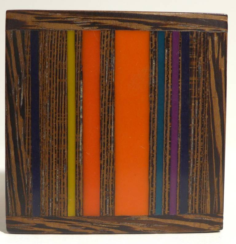 Small but vivid work by San Francisco Bay artisan Robert McKeown (1931-1989). A graduate of the California College of Arts and Crafts, McKeown was a color theorist and woodworker who won acclaim for his innovative resin inlays on a range of