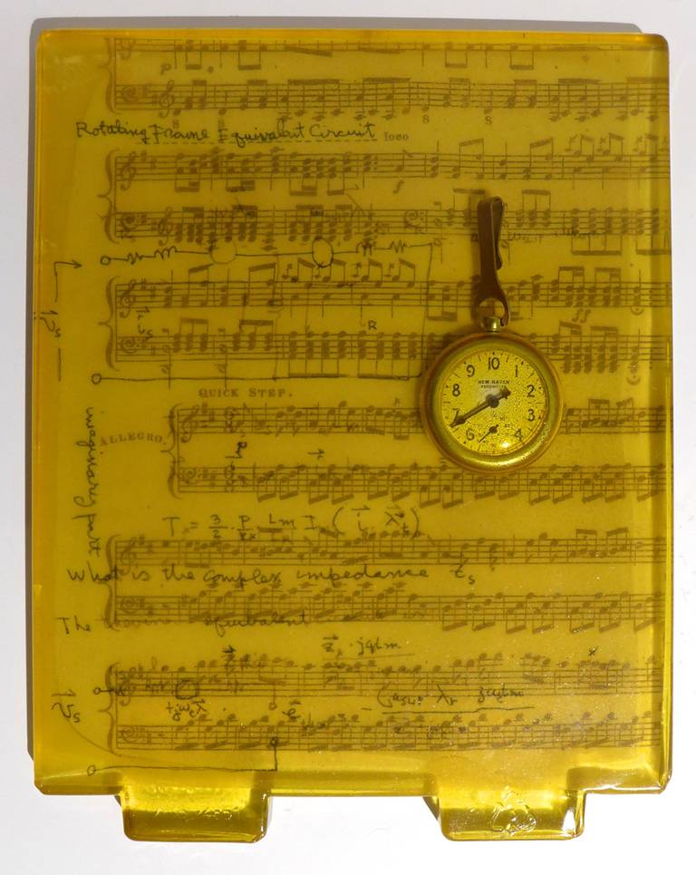 Untitled artwork of cast silicone with sheet music and pocket watch by Pittsburgh area artist Adrienne Heinrich, executed circa 1990s. Part of a series of works by the artist using found objects in a cast silicone matrix. Heinrich has had one person