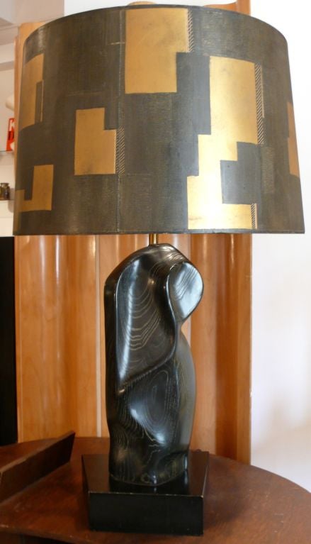 Unusual biomorphic carved wood lamp on trapezoidal wood base by Austrian/American designer<br />
Marianna von Allesch.  Related to her abstract forms in ceramic for General Ceramics, but much less common in carved wood.  With wonderful original