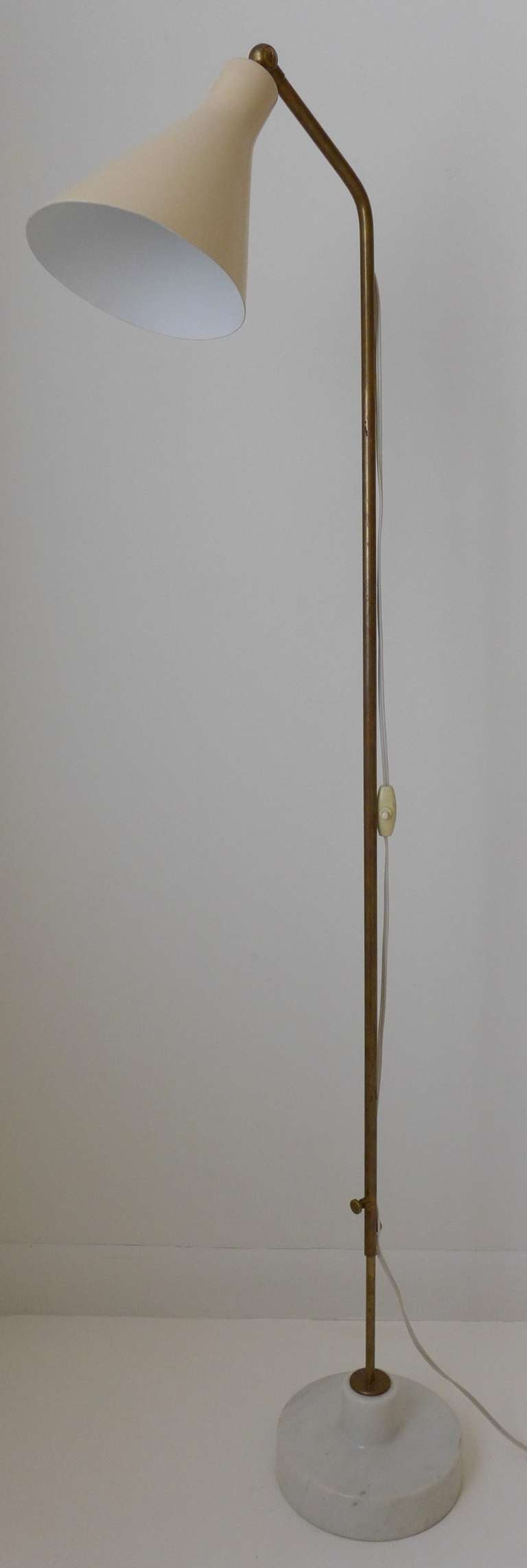 Floor lamp, model number Lte3, designed by Ignazio Gardella and produced by Azucena, Italy, c. 1950.  An early  iteration of this design, with the first edition shade, tubular brass stem, and a carrara marble base.  In fine condition throughout,