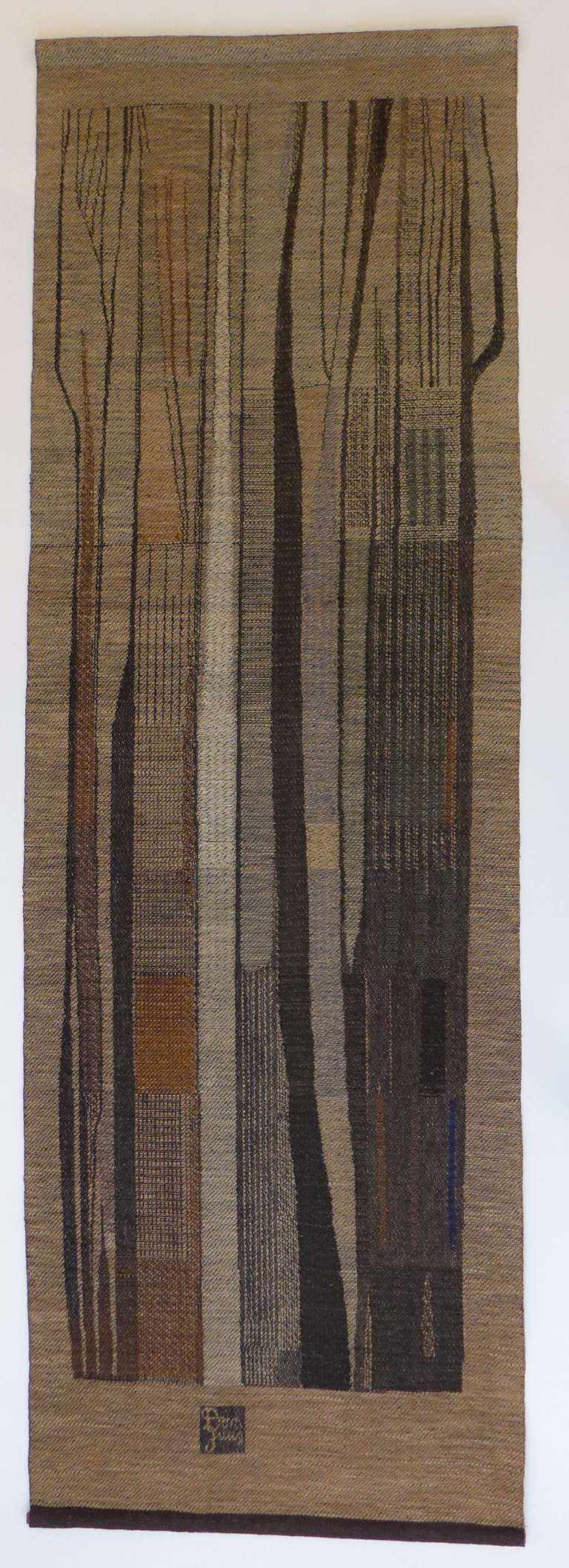 Abstract hanging tapestry by noted FInnish textile artist Dora Jung (1906-1980), of a scale that seldom comes on the market. A beautifully designed and hand-woven work purchased directly from the artist by Ted and Martha Nierenberg, founders of